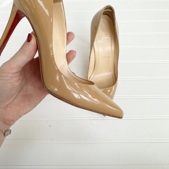Christian Louboutin Tan Patent Leather Pointed Toe Pumps Nude Size 37 Heels - Picture 7 of 13